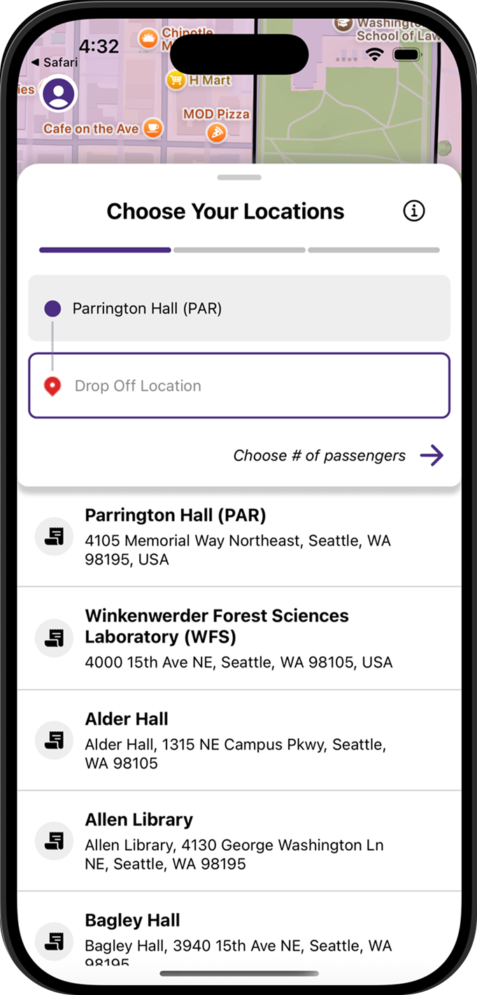 Student selecting pickup and drop-off locations in the Palana app